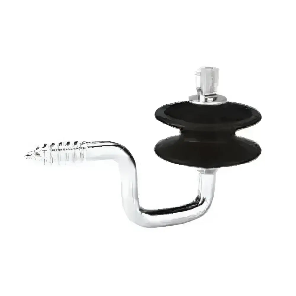 Silver metal electric fencing corner screw with black rubber insulator and glass fibre reinforcement for polywire