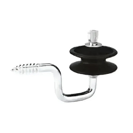 Silver metal electric fencing corner screw with black rubber insulator and glass fibre reinforcement for polywire