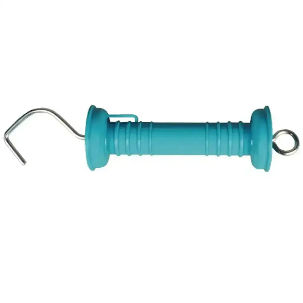 Turquoise plastic electric fencing gate handle with metal hook ring ends and compressible compression spring for farmers