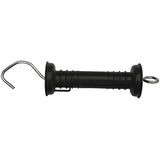 Black plastic electric fencing gate handle with metal hook and ring featuring compressible compression spring