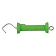 Bright green plastic fencing gate handle with metal hooks and compressible compression spring for electric fencing gate