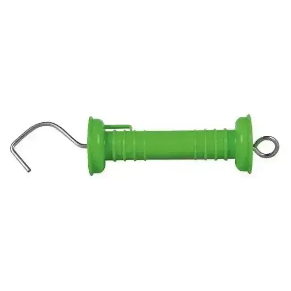 Bright green plastic fencing gate handle with metal hooks and compressible compression spring for electric fencing gate