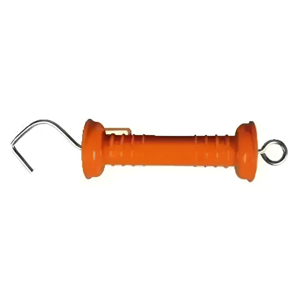 Orange plastic electric fencing gate handle with curved metal hook and compressible compression spring for farmers