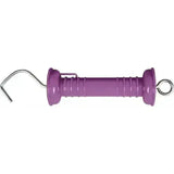 Purple plastic electric fencing gate handle with metal hook ring ends and compressible compression spring for farm gates