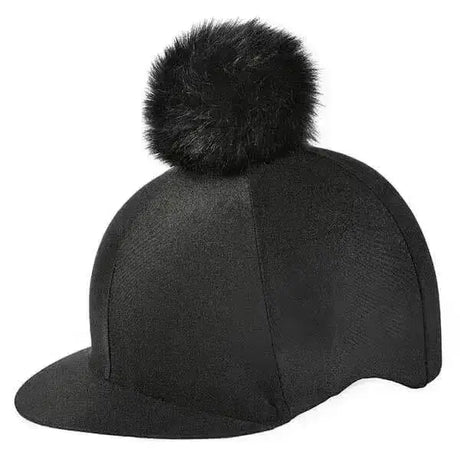 Black elico aberford lycra riding hat cover with fluffy pom pom made for equestrian helmet use