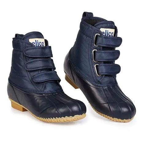 Navy blue insulated elico airedale boots with three velcro straps silver buckles rubber toe cap and tan sole