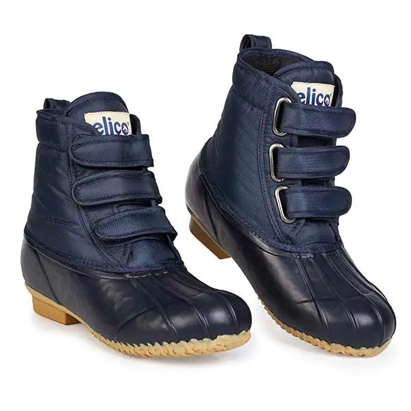 Navy blue insulated elico airedale boots with three velcro straps silver buckles rubber toe cap and tan sole