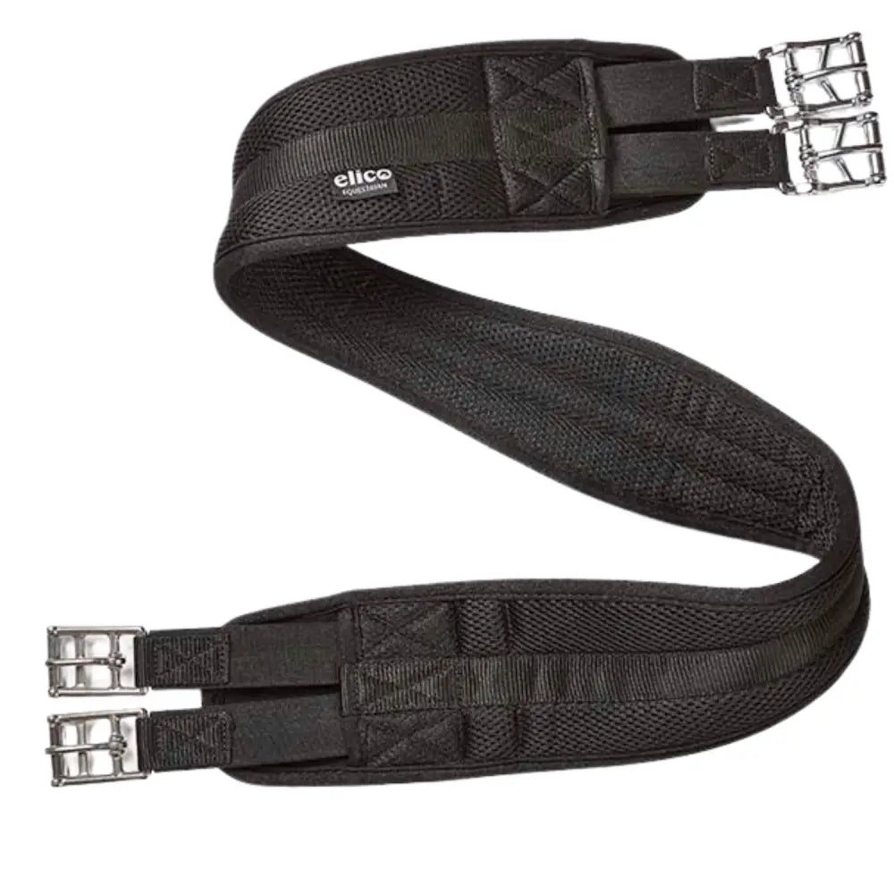 Black elastic elico airflow mesh girth with silver buckles and textured breathable airflow mesh design