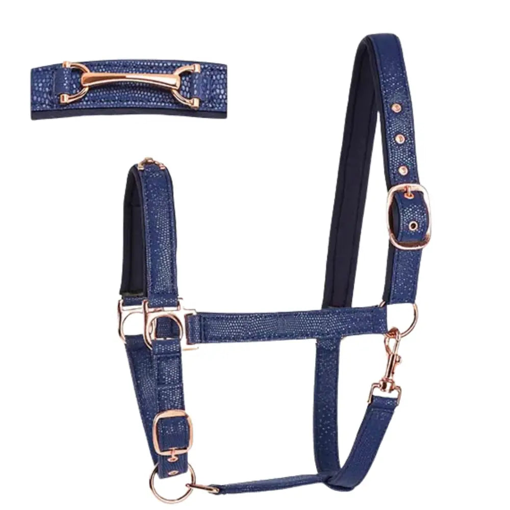 Navy blue textured elico ambleside headcollar with rose gold hardware perfect for stylish horse riding gear