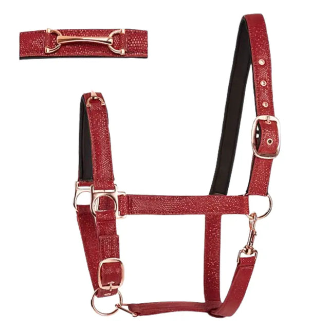 Red glittery horse halter with rose gold hardware and black lining from the elico ambleside headcollar range