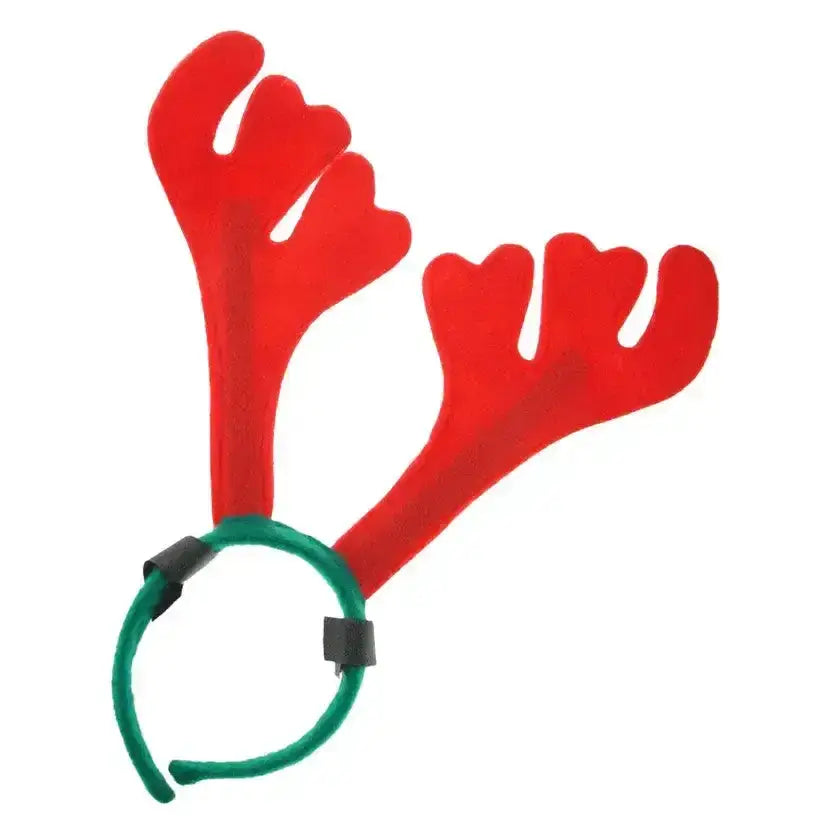 Red felt elico antlers headband with green elastic loop attachment perfect for riding toys and festive fun