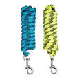 Two coiled elico arundel lead ropes in bright blue and neon yellow with black and white checkered pattern and metal hooks