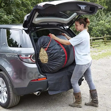 Black and red elico bale transporter large-capacity carry bag with woven hay for boot tidy and easy transport