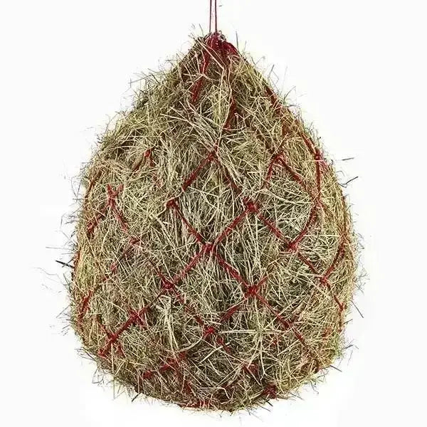 A hanging elico bodmin haynet with larger holes filled with golden brown straw and secured by red mesh pattern