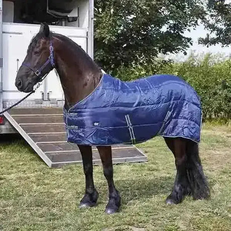 Blue quilted stable rug 100g with reflective stripes and logo by elico bowmont lightweight for horses