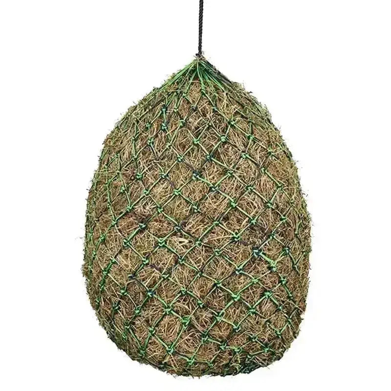 Green mesh elico branscombe haynet filled with dry straw featuring double cord design for easy hanging