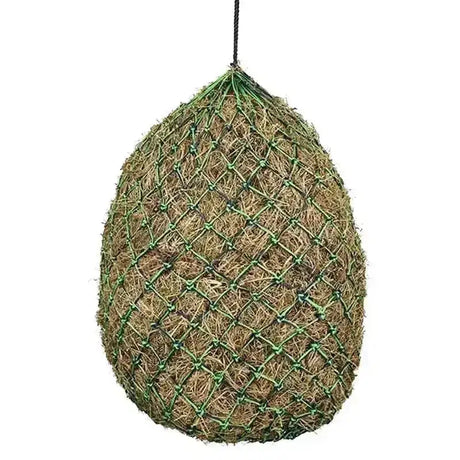 Green mesh elico branscombe haynet filled with dry straw featuring double cord design for easy hanging