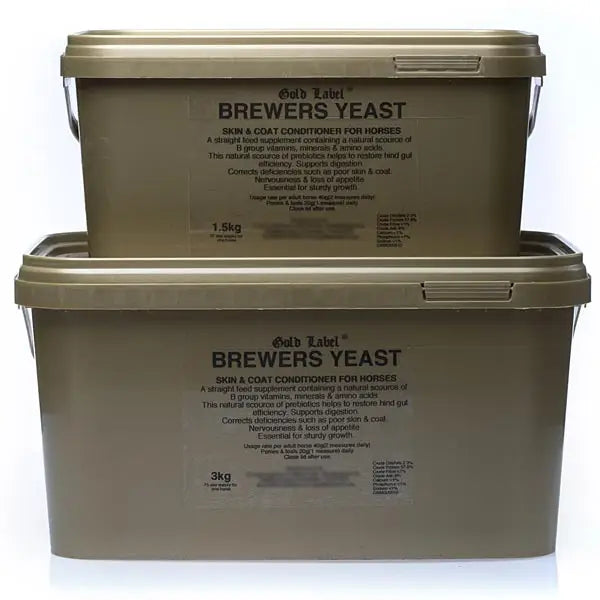 Two olive green plastic containers of elico brewers yeast brewers yeast gold label for horse skin and coat conditioner