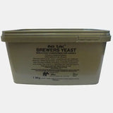 A matte olive green rectangular container of elico brewers yeast skin and coat conditioner for horses weighing 1.5kg