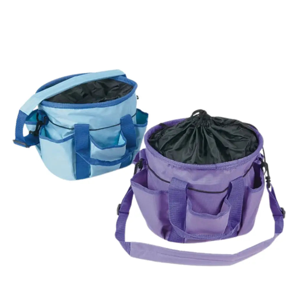 Light blue and purple elico brunswick grooming bag with multiple pockets and adjustable shoulder straps for easy carry