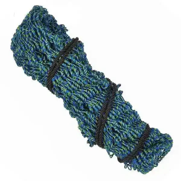 A knitted textured scarf in blue and green with black binding strips paired with an elico camborne small holed extra strong haynet
