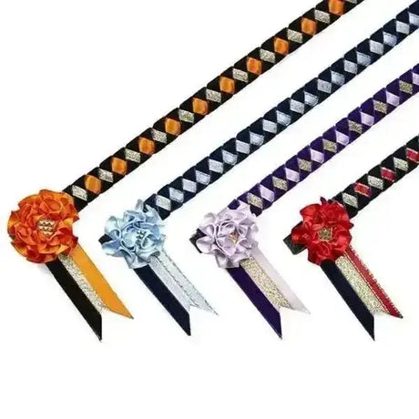 Four elico cayton velvet showing browbands with diamond-patterned metallic ribbon complete and large satin flower