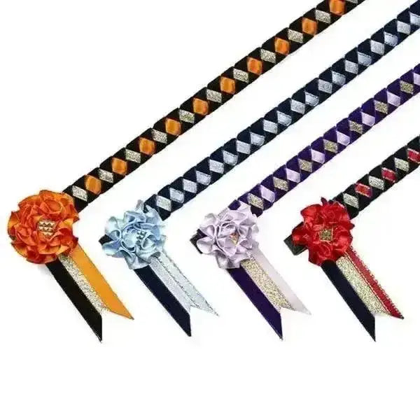 Four elico cayton velvet showing browbands with diamond-patterned metallic ribbon complete and large satin flower