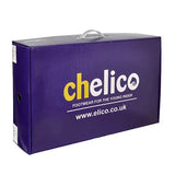 Purple cardboard shoebox with yellow and white elico branding and handle for elico charlotte kids riding boots