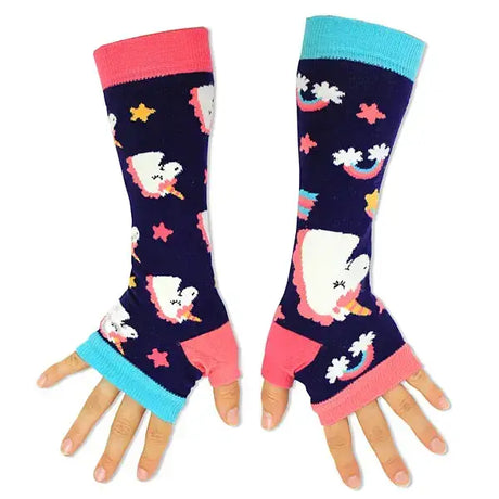 Navy blue knit elico children’s unicorn armwarmers with pink teal trim and fun white unicorn rainbow star cloud pattern