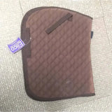Brown elico cotton quilted saddlecloth with dark brown trim and purple elico brand tag for horse riding