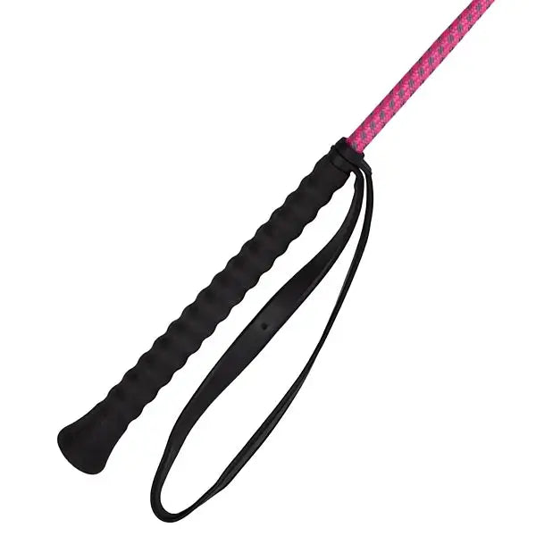 Pink and black elico cr25 childs riding whip with textured grip designed as a pink reflective riding whip