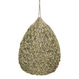 A hanging teardrop-shaped crofton jute haynet made of bio-degradable beige elico crofton jute rope with diamond weave