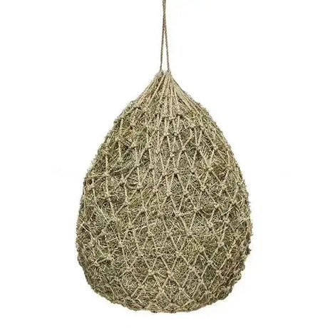 A hanging teardrop-shaped crofton jute haynet made of bio-degradable beige elico crofton jute rope with diamond weave