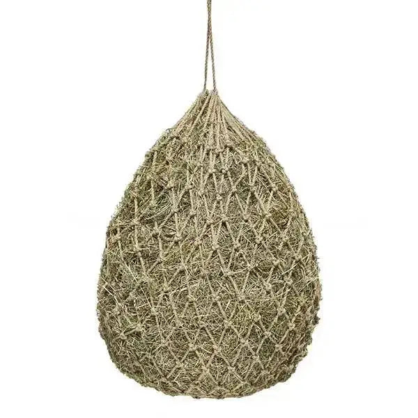 A hanging teardrop-shaped crofton jute haynet made of bio-degradable beige elico crofton jute rope with diamond weave