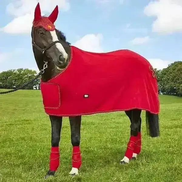 Red plush elico dartmoor fleece showing rug with matching fleece showing rugs leg wraps and decorative headpiece