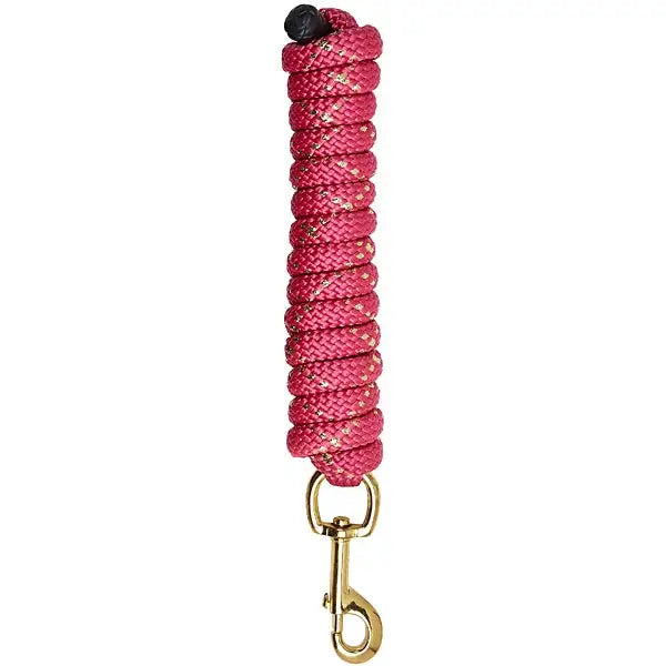 A vibrant pink elico dovedale lead rope 8ft with braided design black plastic handle and gold-toned metal clip