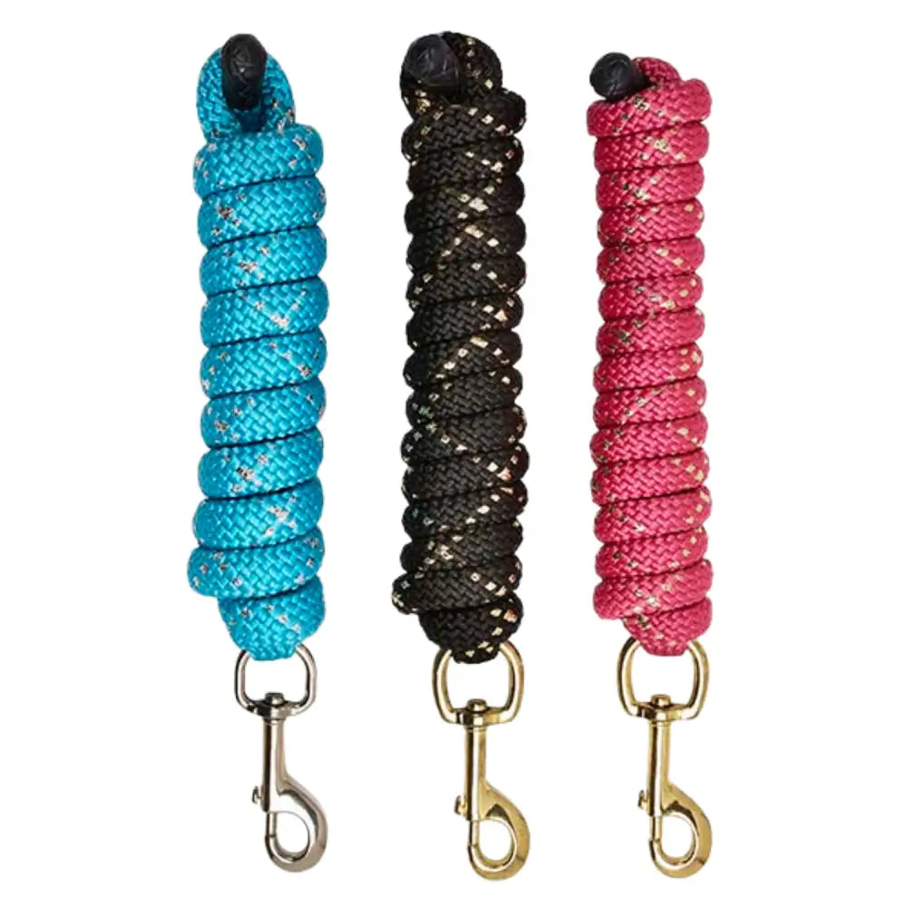 Three elico dovedale lead ropes 8ft in turquoise black with silver flecks and pink with metal clips for horses