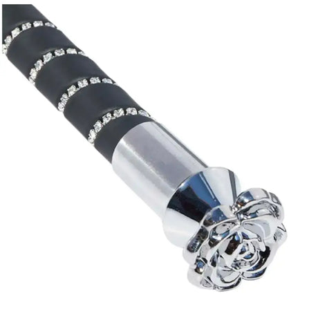 Black leather elico dressage whip with silver rhinestone accents and polished chrome rose cap silver finial