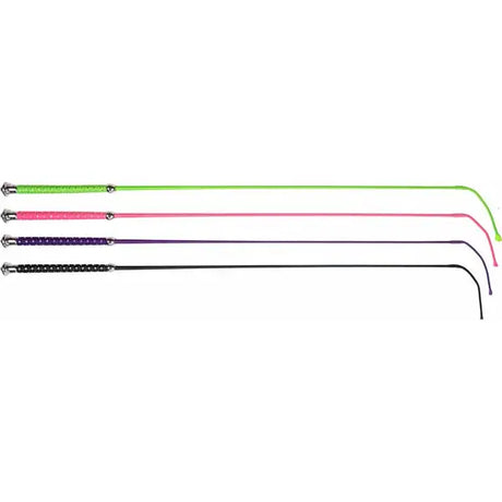 Three colorful elico dressage whips with silver braided handle and neon green pink purple and black leather straps