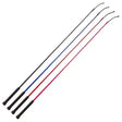 Set of four elico essentials dressage whips with black textured grips and slender shafts in black blue red and pink