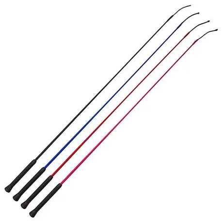 Set of four elico essentials dressage whips with black textured grips and slender shafts in black blue red and pink