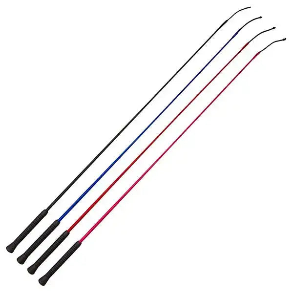 Set of four elico essentials dressage whips with black textured grips and slender shafts in black blue red and pink