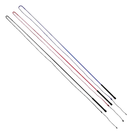 Three elico essentials lunge whips with black handles and colored shafts in black red and blue for equestrian supplies