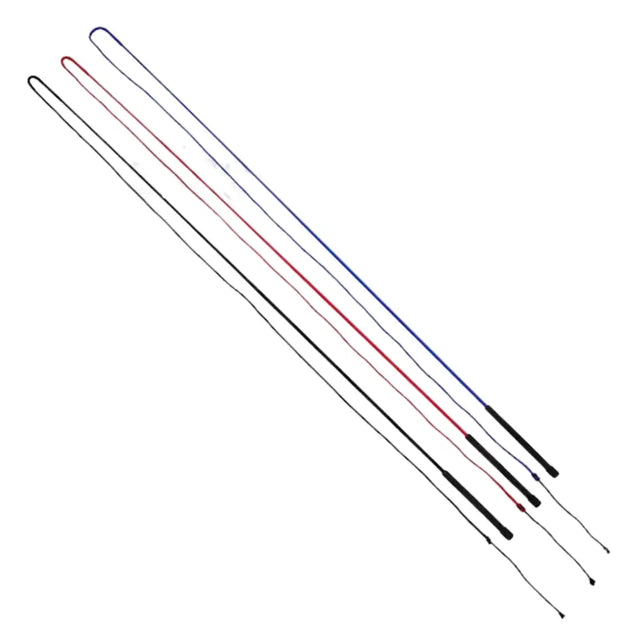 Three elico essentials lunge whips with black handles and colored shafts in black red and blue for equestrian supplies