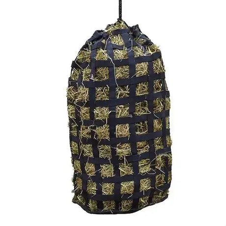 Black woven elico exeter hay feeder hay bag with grid pattern and hanging strap for easy feeding