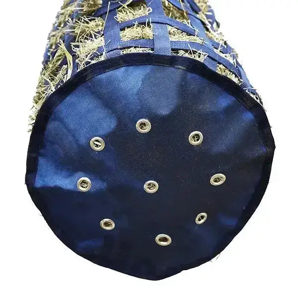 Blue fabric elico exeter hay feeder hay bag with circular base, metal grommets, and reinforced straps holding straw