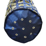 Blue fabric elico exeter hay feeder hay bag with circular base, metal grommets, and reinforced straps holding straw