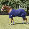 A navy blue elico exmoor fleece horse blanket with white trim designed for warmth and comfort fleece rugs elico