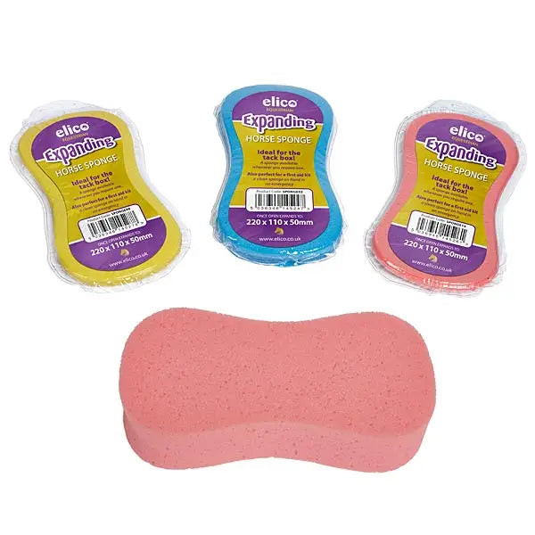 Pink elico expanding horse sponge showing soft foam texture for easy cleaning and grooming use