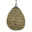 A two colour elico falmouth haynet made of woven mesh filled with dry grass and secured by a black rope hanging hay feeder